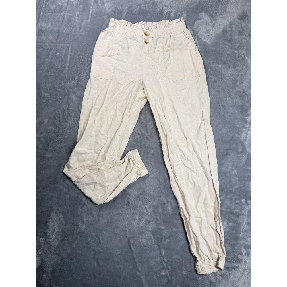 Sincerely Jules Pants Womens Small Beige Linen Blend Paperbag Waist Tapered Leg
